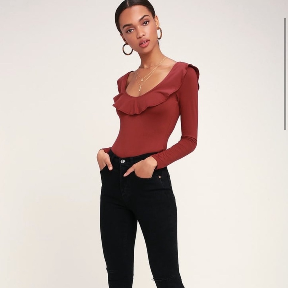 Lulus brick red ruffle long sleeve bodysuit